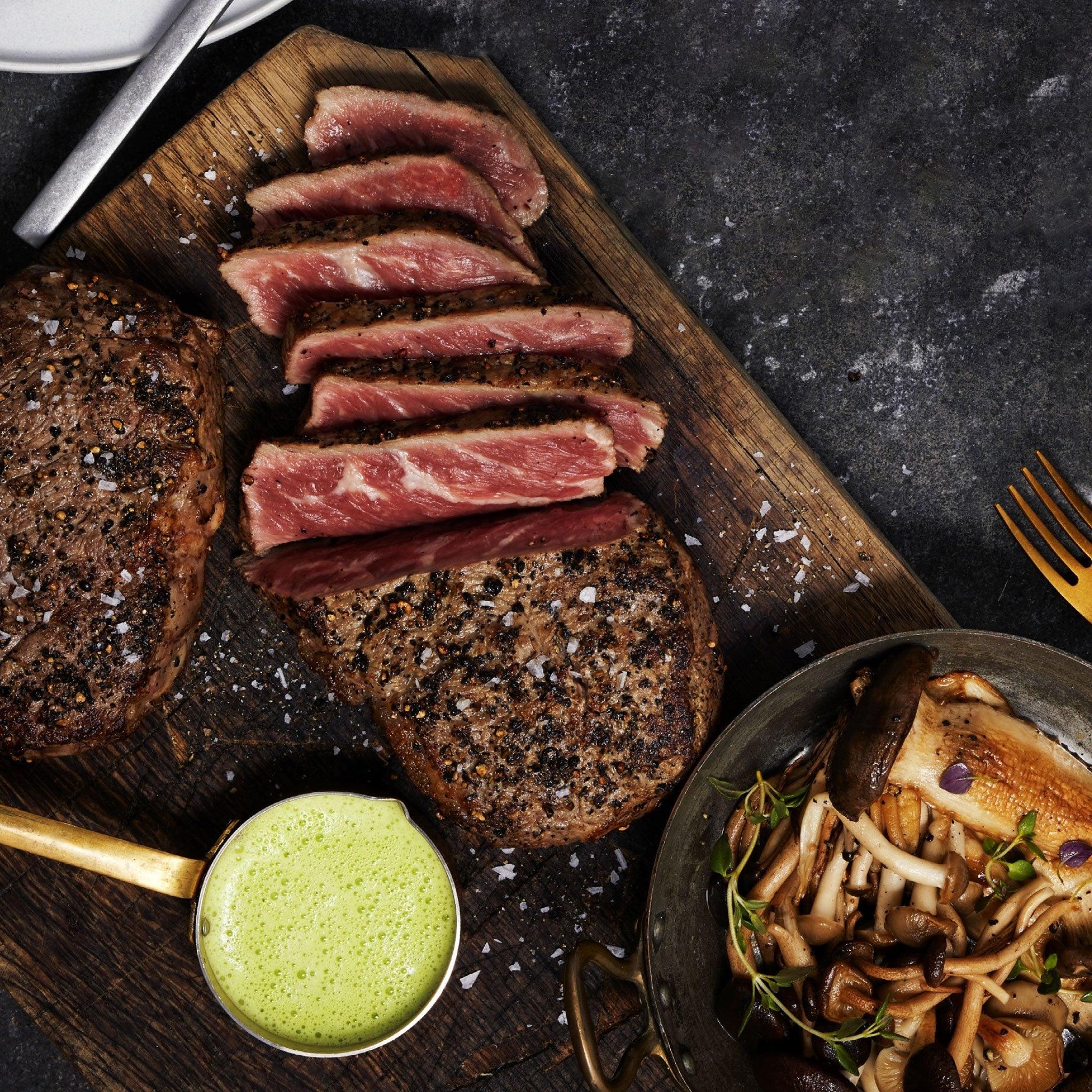 Umami Ribeye With Parsley Form and Pan Seared Wild Mushrooms