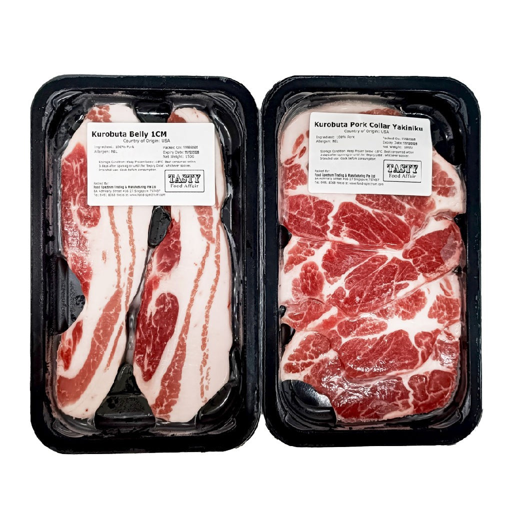 Two packages of raw meat labeled 'Kurobuta Belly 1CM' and 'Kurobuta Pork Collar Yakiniku' on a white background.