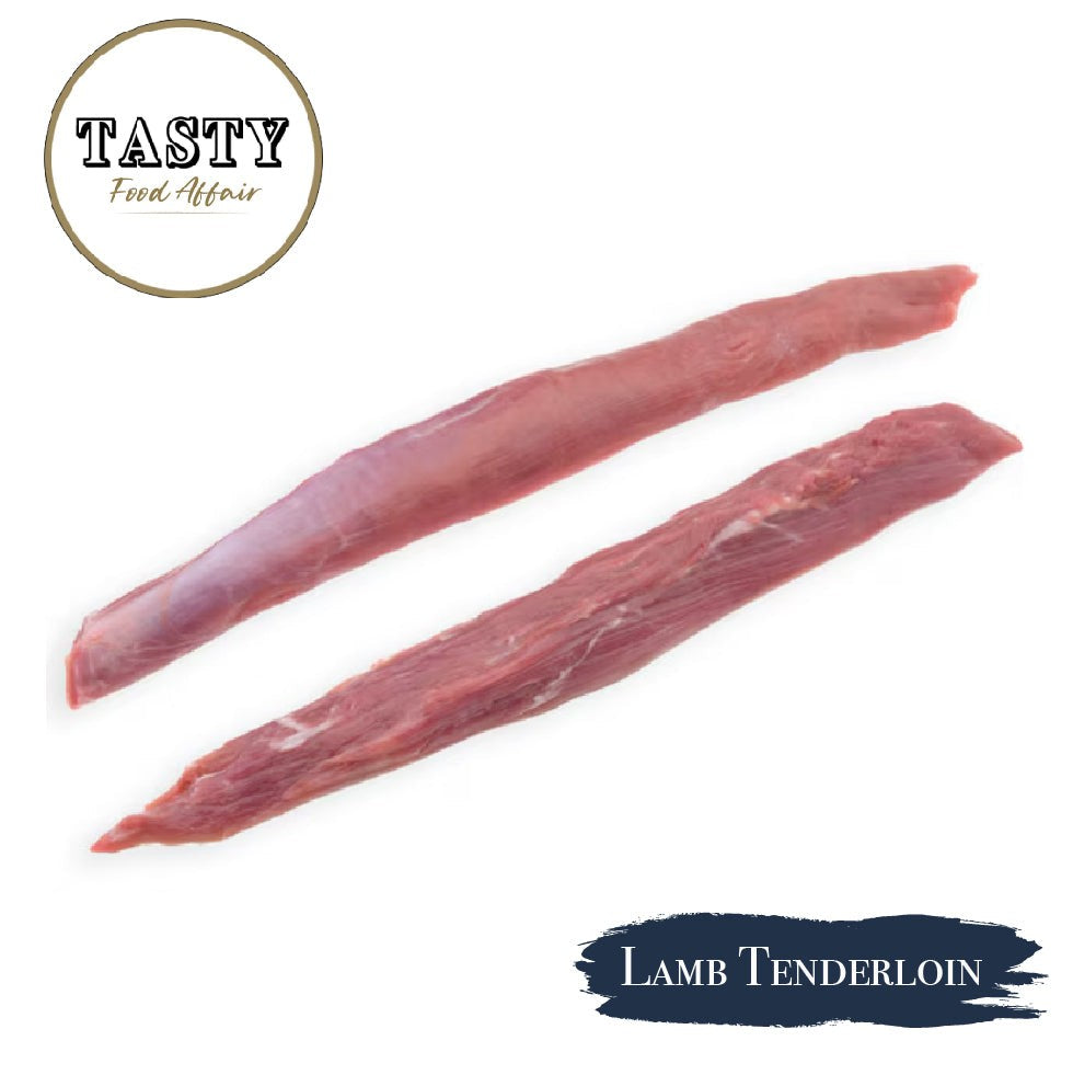 Two pieces of lamb tenderloin with 'Tasty Food Affair' branding on a white background.