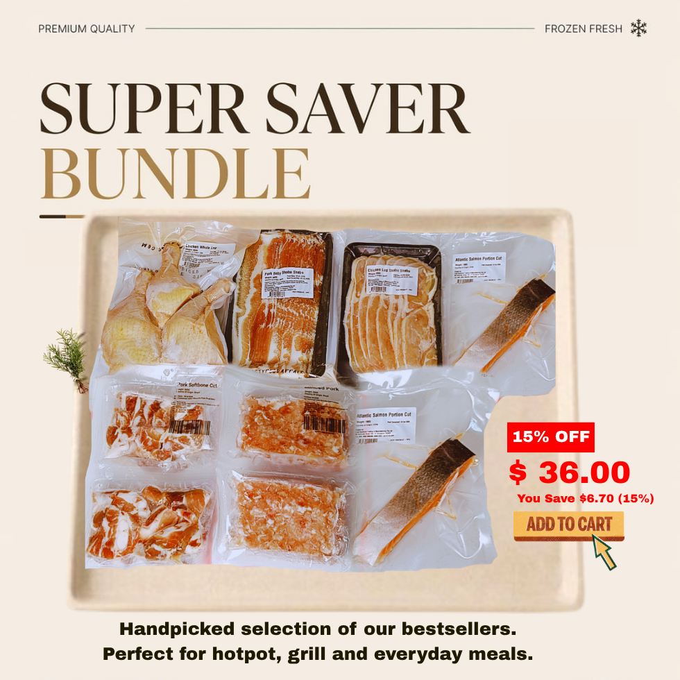 Super saver bundle of frozen food packages with promotional text on a beige background