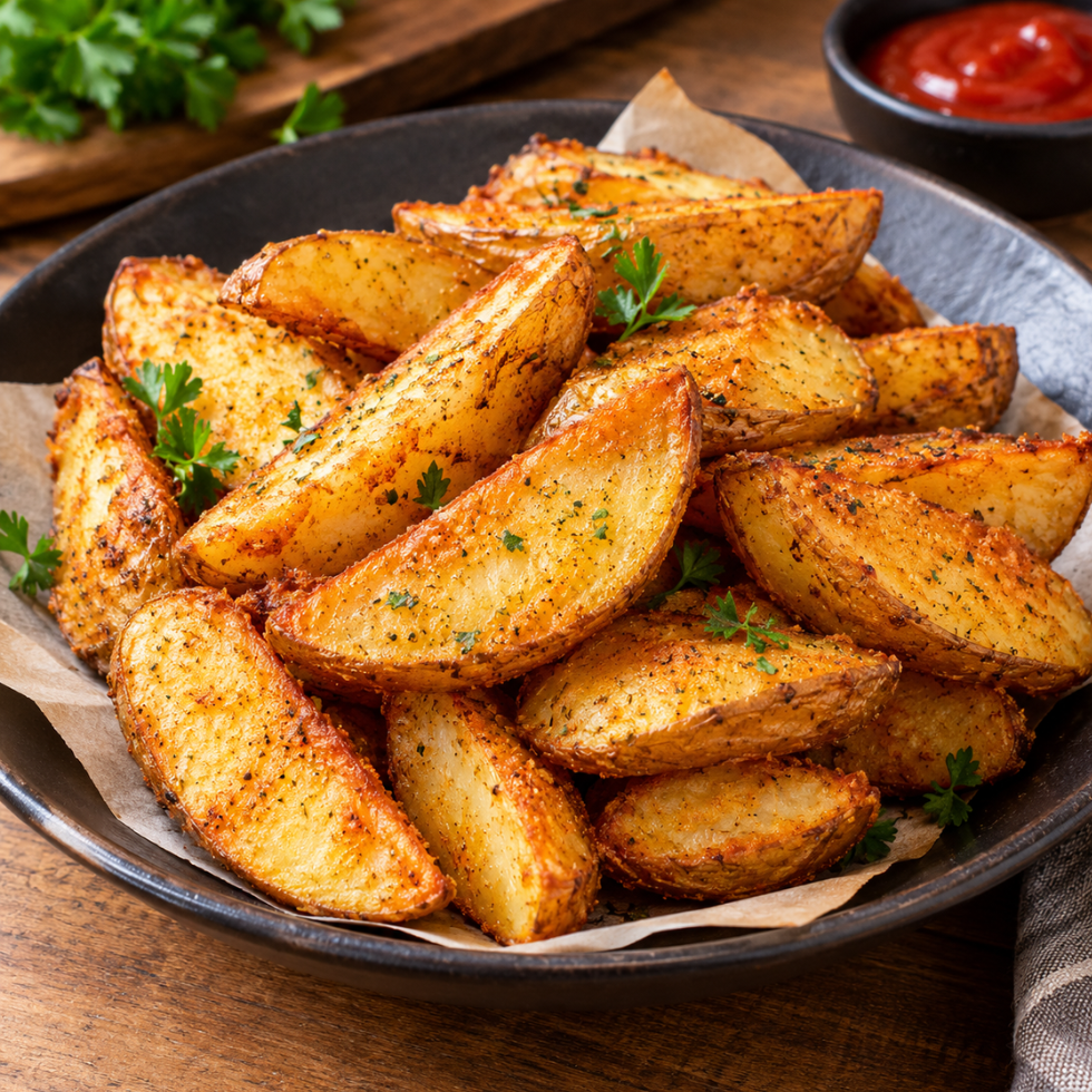 Crispy oven-baked seasoned potato wedges with ketchup β Tasty Food Affair