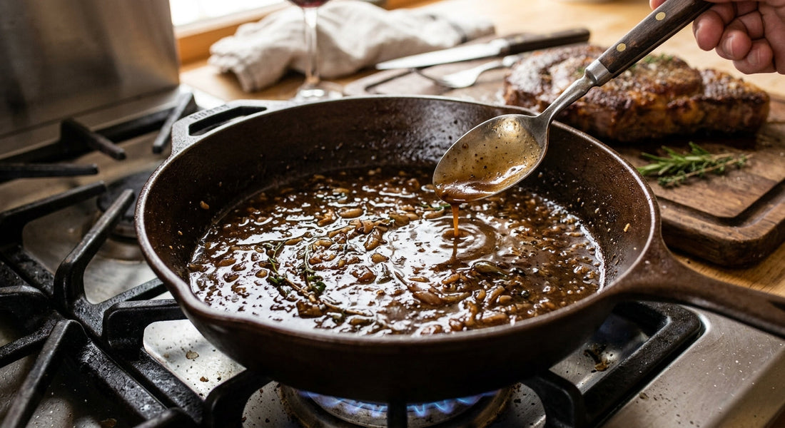 Glossy red wine pan sauce being spooned over a sliced steak 