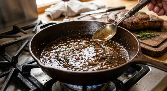 Glossy red wine pan sauce being spooned over a sliced steak 