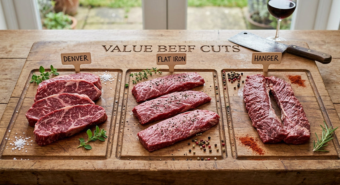 Value beef cuts including Denver, flat iron and hanger on a board
