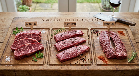 Value beef cuts including Denver, flat iron and hanger on a board