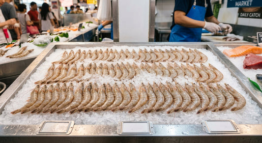 Fresh raw prawns arranged on ice at a seafood counter