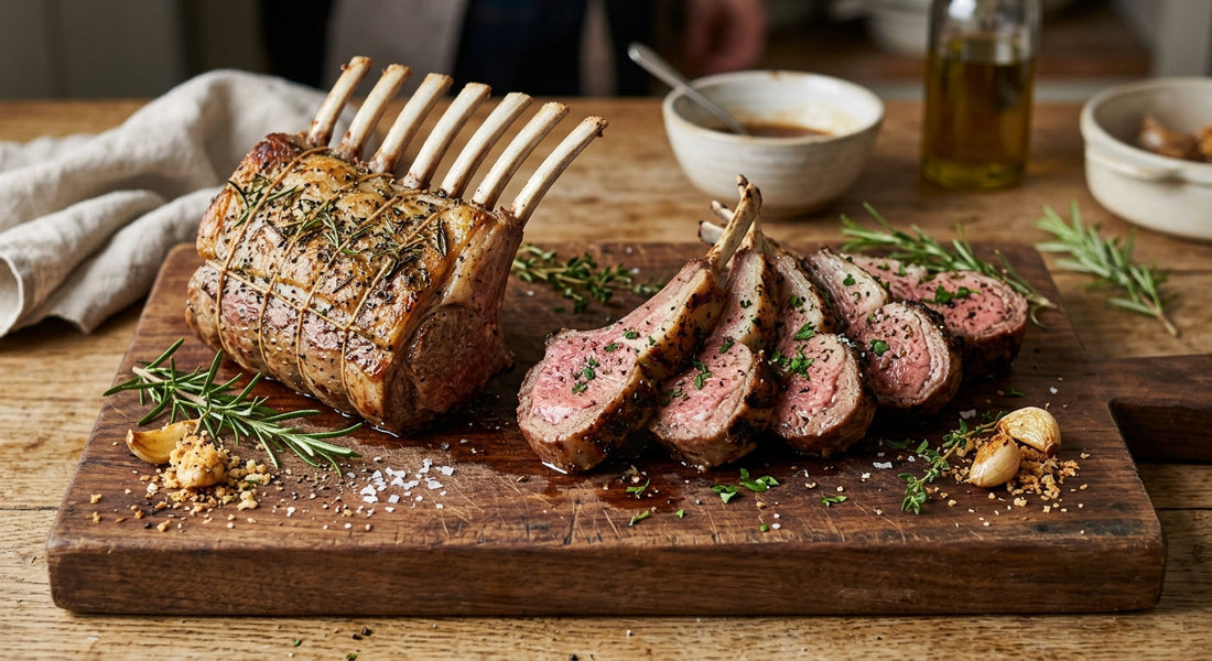 Rack of lamb and lamb chops arranged on a wooden chopping board 