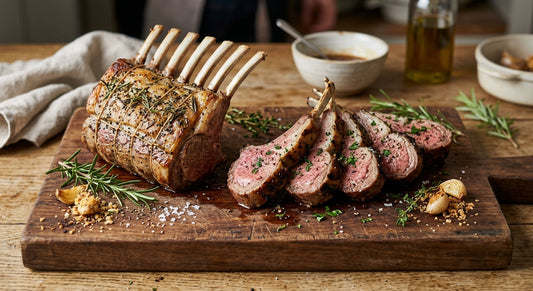 Rack of lamb and lamb chops arranged on a wooden chopping board 
