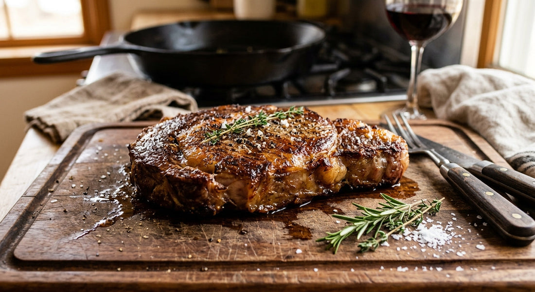 Pan-seared steak resting on a board with a deep golden-brown crust 