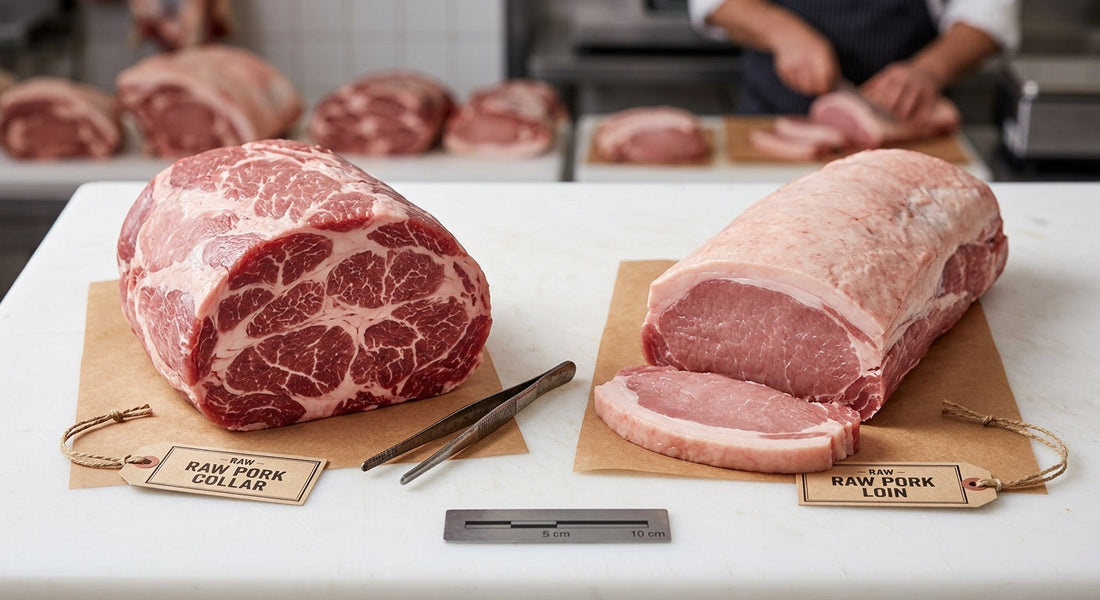 Raw pork collar and pork loin cuts side by side for comparison