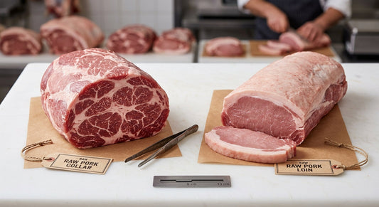Raw pork collar and pork loin cuts side by side for comparison