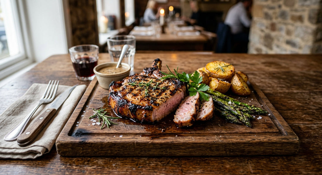 Marbled Iberico pork secreto steak on a wooden board