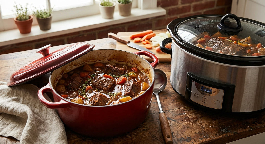 Braised beef in rich sauce in a Dutch oven beside a slow cooker