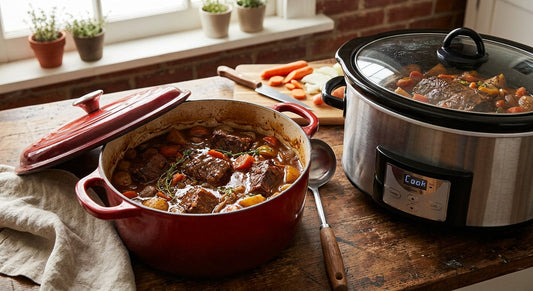 Braised beef in rich sauce in a Dutch oven beside a slow cooker