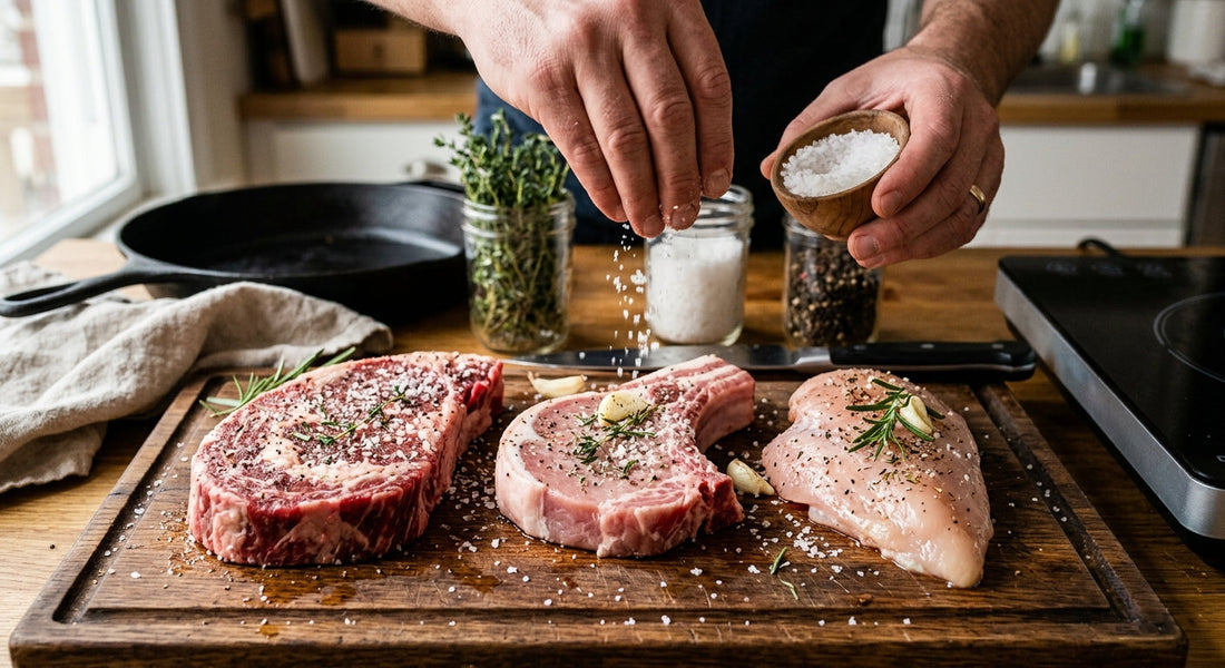 Coarse sea salt being sprinkled over raw steak, pork and chicken 