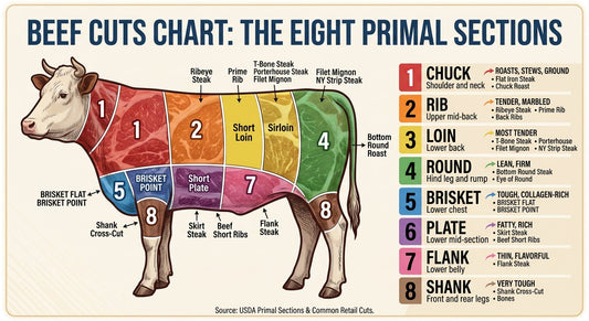 Beef cuts chart showing the eight primal sections of a cow 