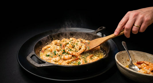 Garlic butter prawns cooking in a pan for a quick weeknight dinner 