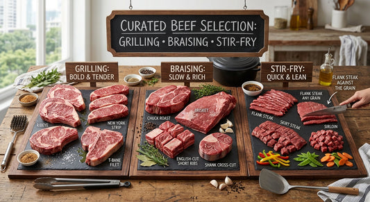 Selection of raw beef cuts arranged for grilling, braising and stir-fry 