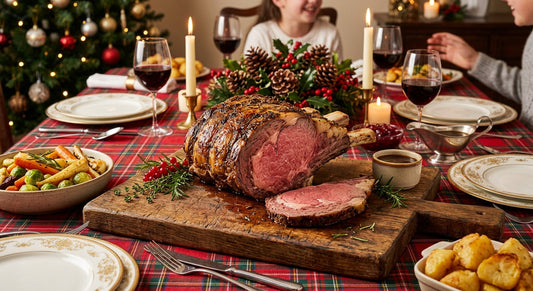 Roast prime rib of beef resting on a board for Christmas dinner