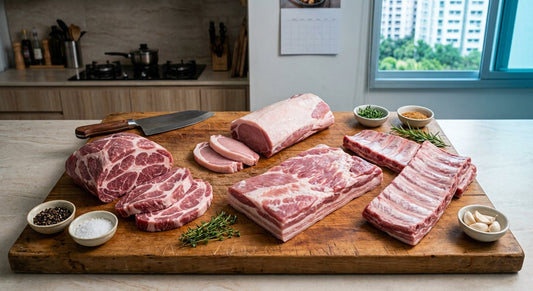 Different raw pork cuts including collar, loin, belly and ribs arranged on a board 