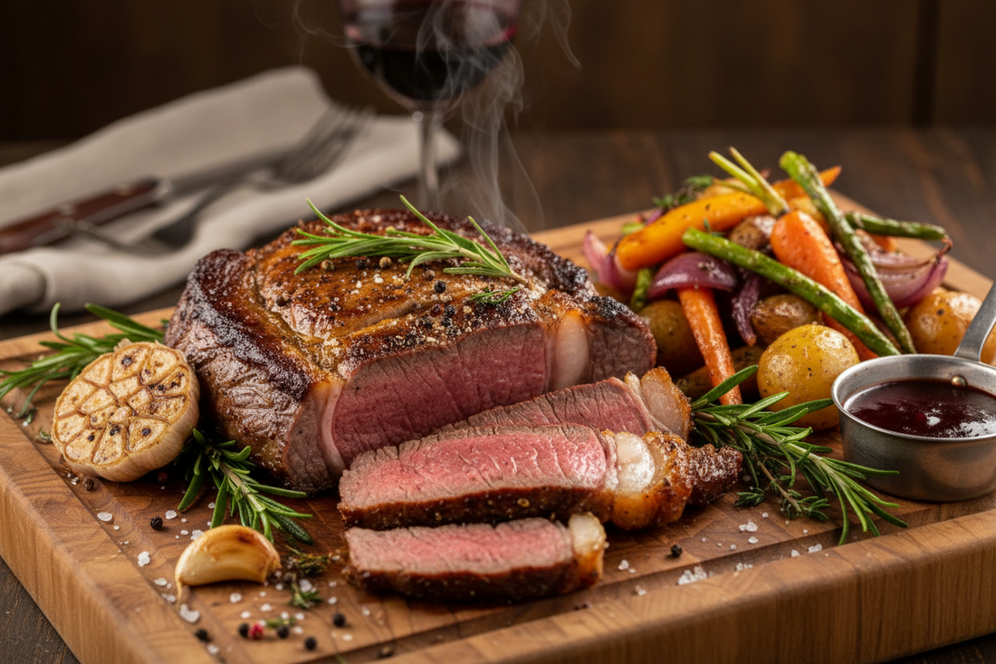 Grass-fed Australian beef striploin steak compared to grain-fed Black Angus beef on a butcher block