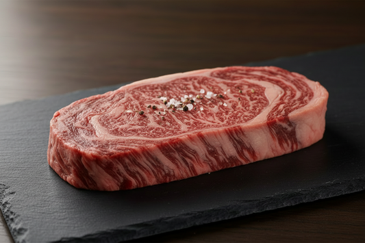 Close-up of heavily marbled Wagyu beef steak showing fine intramuscular fat 