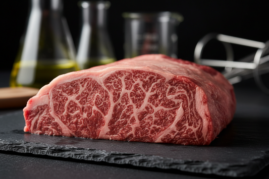 Marbled Meltique beef steak showing evenly distributed threads of fat 