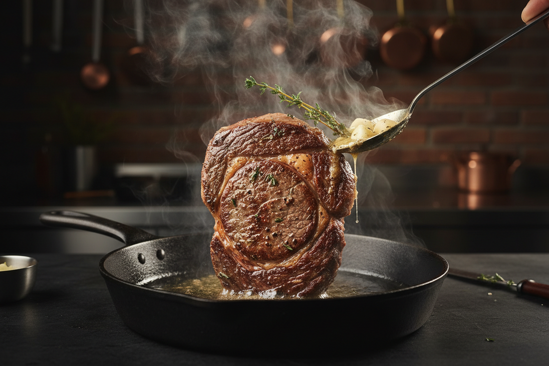 Thick ribeye steak searing in a cast iron pan after slow roasting