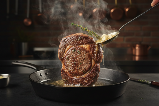 Thick ribeye steak searing in a cast iron pan after slow roasting