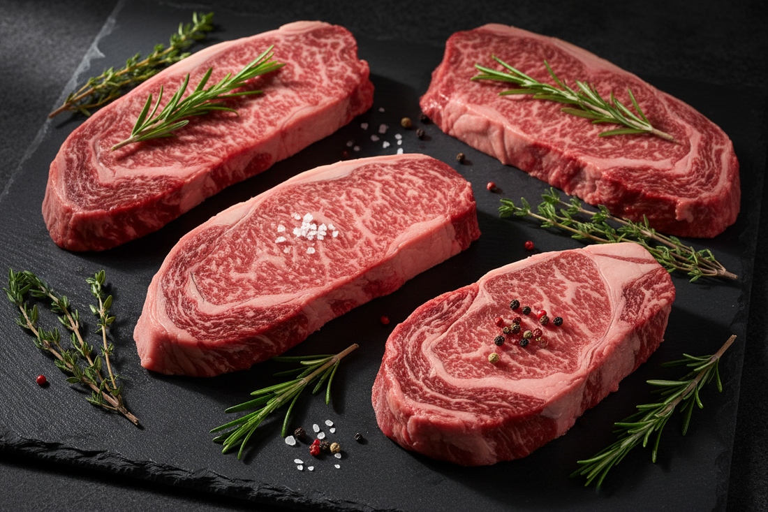 Fresh red beef steaks with fine marbling displayed at a butcher counter 