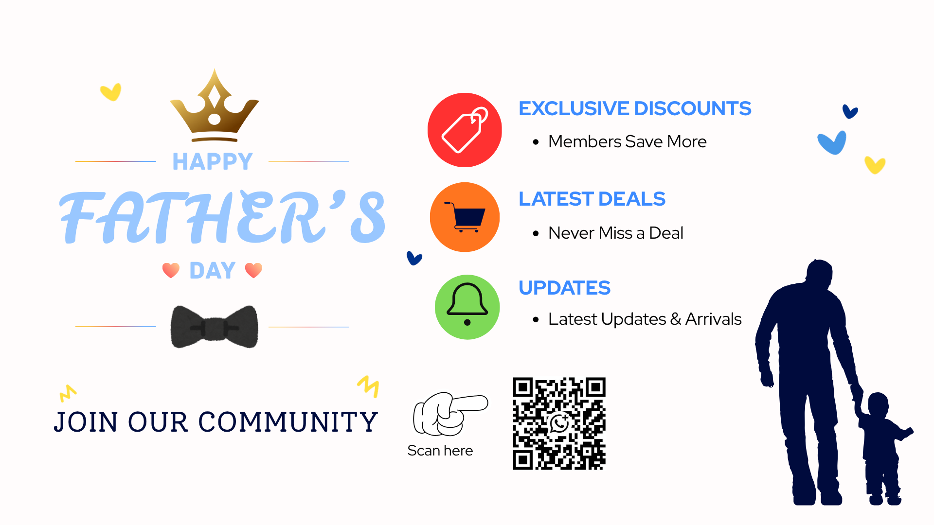Father's Day promotional graphic with icons, text, and a silhouette of a father and child.