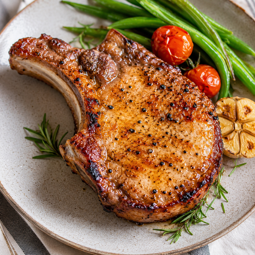 Grilled bone-in pork chop with green beans and tomatoes – Tasty Food Affair