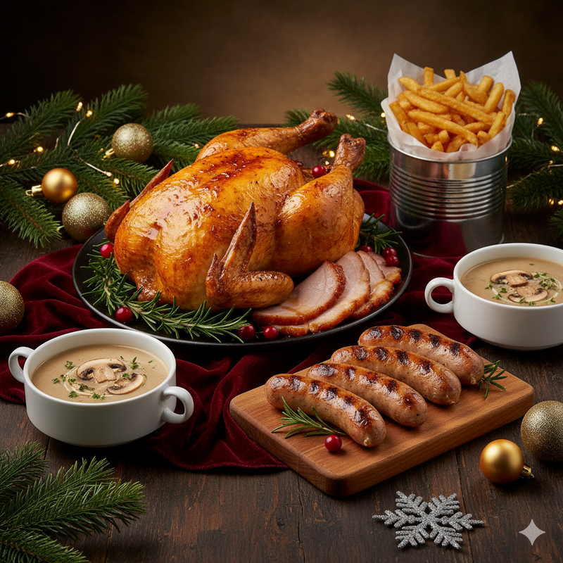 Roasted turkey, sausages, and fries on a festive table with Christmas decorations.
