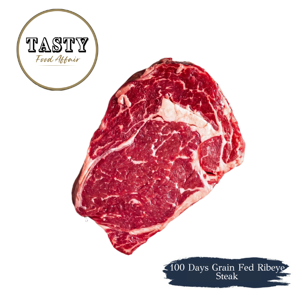 Raw 100-day grain-fed beef ribeye steak, 250g, well marbled – Tasty Food Affair