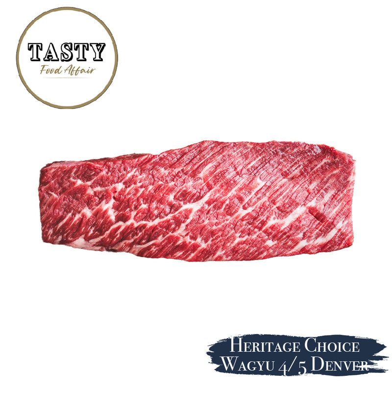 Marbled raw beef with 'Tasty Food Affair' and 'Heritage Choice Wagyu 4/5 Denver' labels on a white background.