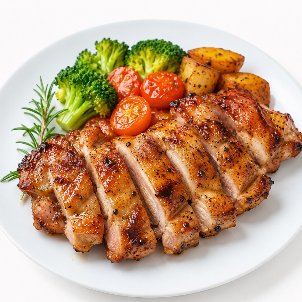 A plated sliced grilled chicken breast with roasted broccoli, cherry tomatoes, and potato wedges on a white plate.