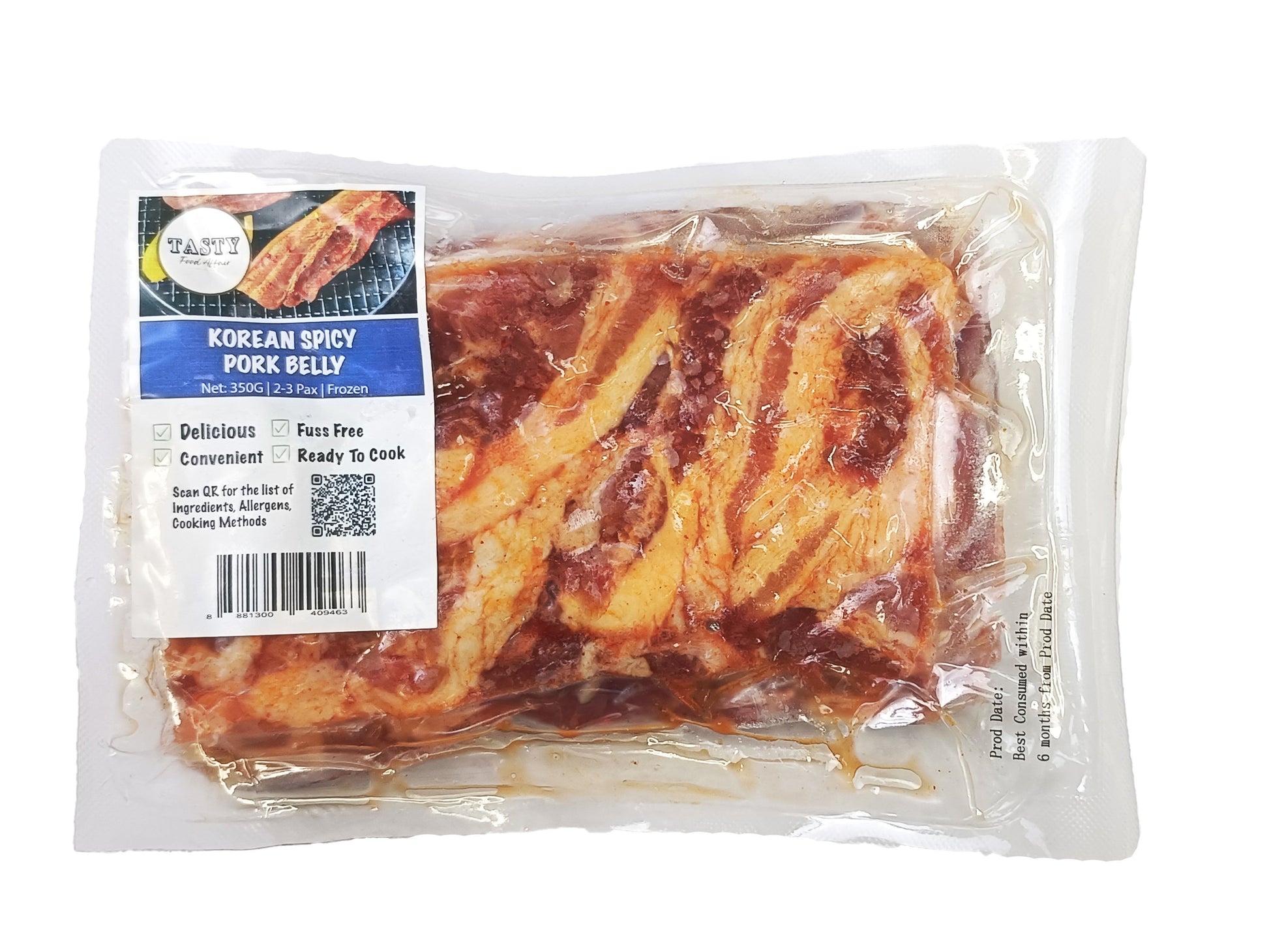 Packaged Korean spicy pork belly with a label on a white background