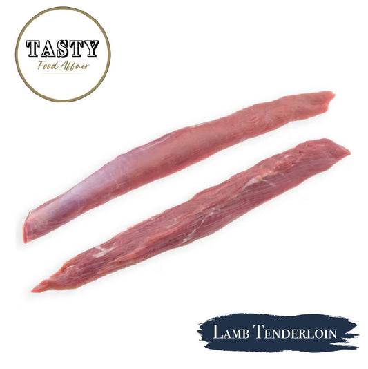Two pieces of lamb tenderloin with 'Tasty Food Affair' branding on a white background.