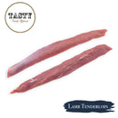 Two pieces of lamb tenderloin with 'Tasty Food Affair' branding on a white background.