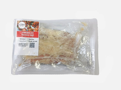 Packaged lemongrass chicken chop with a label on a white background