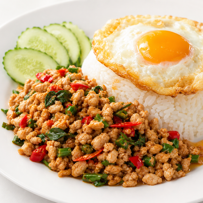 Minced chicken basil stir-fry with fried egg and rice – Tasty Food Affair