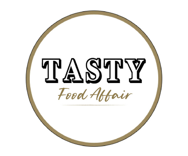 Logo of Tasty Food Affair with a gold border on a white background