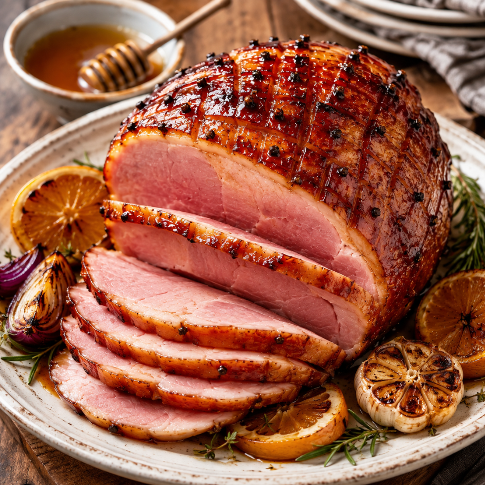 Glazed honey baked ham sliced for Christmas with oranges – Tasty Food Affair