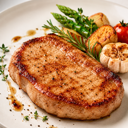 Pan-seared pork loin chop with roast garlic and vegetables – Tasty Food Affair
