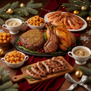 Dinner table set with roasted turkey, ham, sausages, and side dishes on a festive tablecloth.