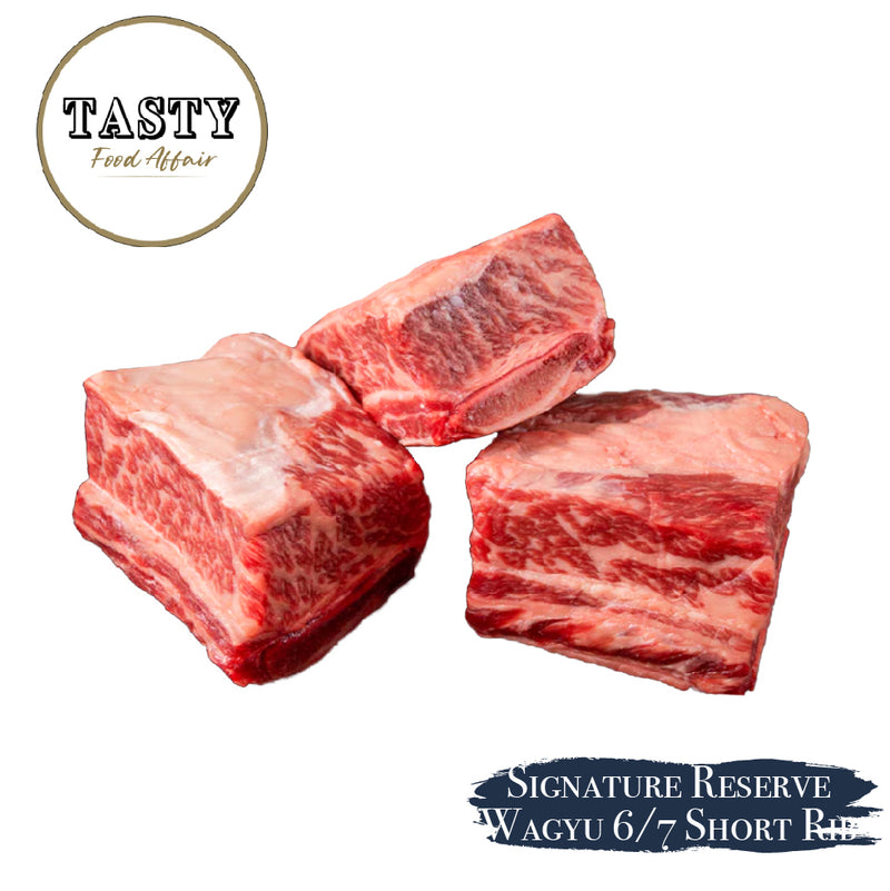 Three pieces of marbled beef with 'Tasty Food Affair' logo and 'Signature Reserve Wagyu 6/7 Short Ribs' text.