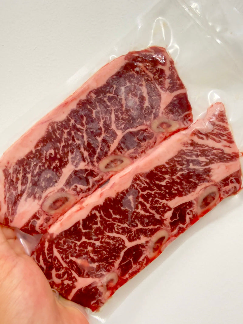 Close-up of a piece of marbled red meat held by a hand on a white background