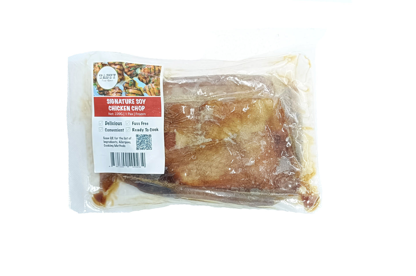 Packaged chicken product with a label on a white background