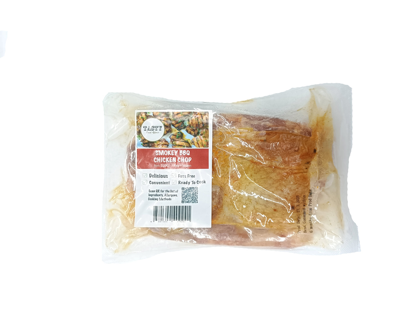 Packaged chicken rib with a label on a white background