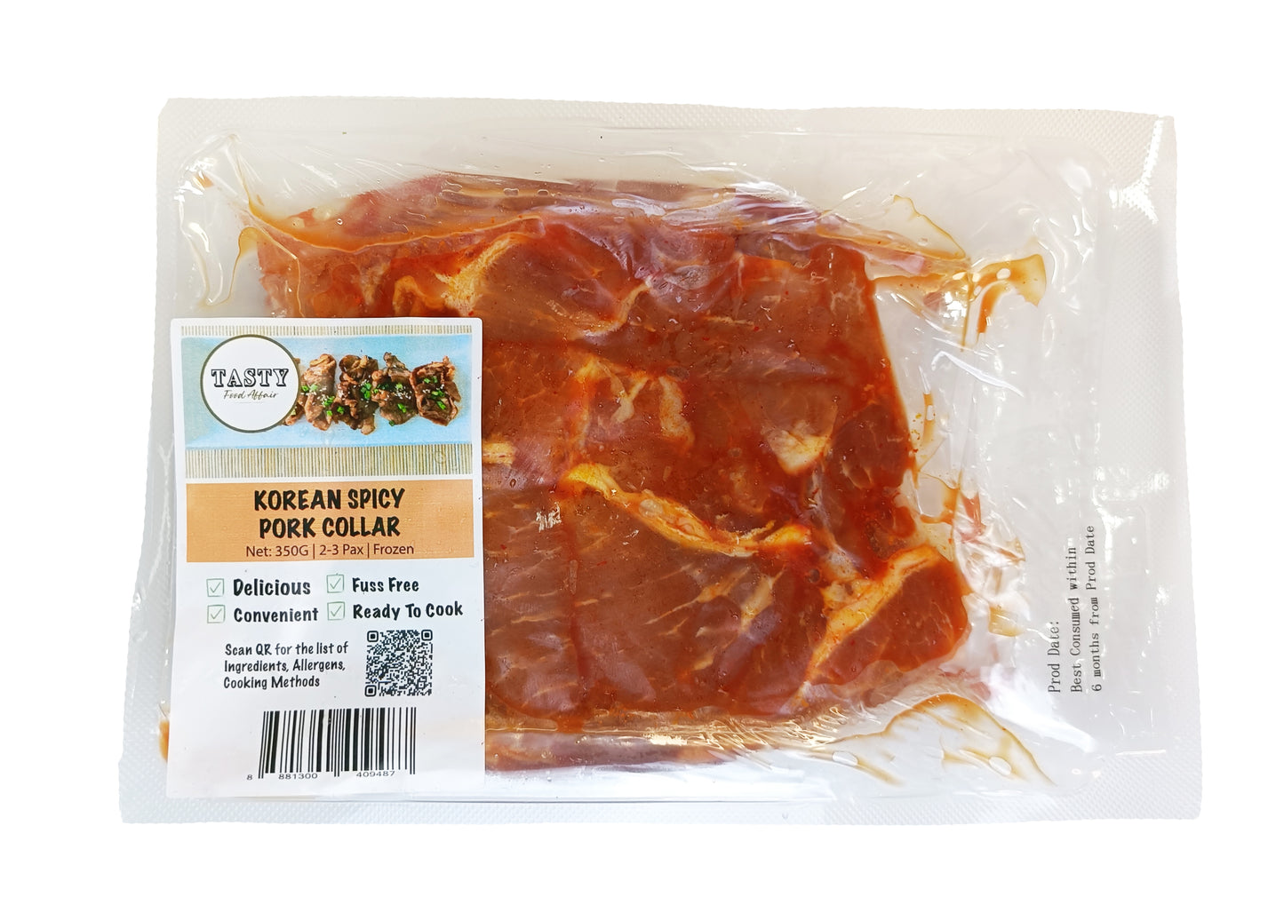 Packaged Korean Spicy Pork Collar with a label on a white background